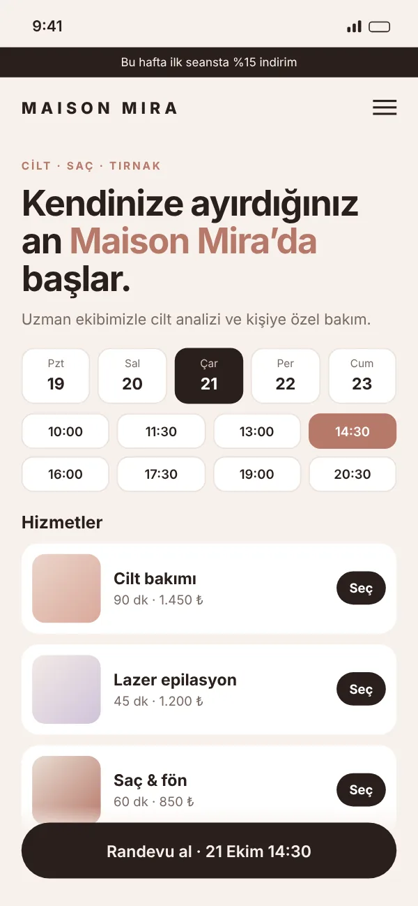 Maison Mira güzellik merkezi web sitesi mobil